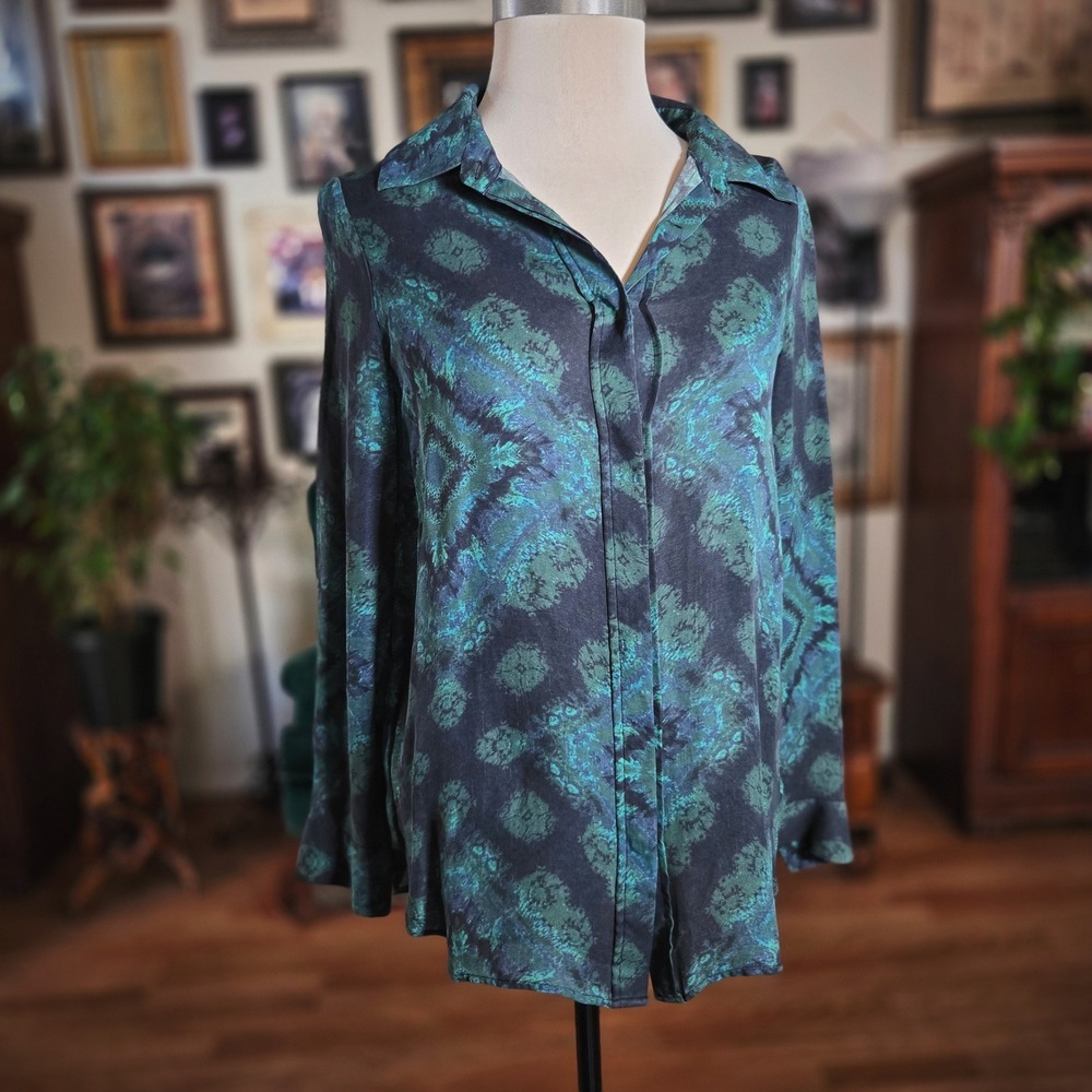 Haute Hippie Silk Blend Button Up Shirt Blouse Teal Green Diamond Pattern Size S